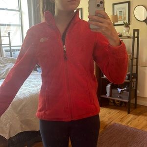 Red north face womens fuzzy jacket